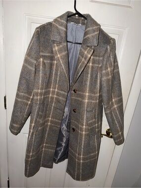 Women’s  Gray Plaid Overcoat - Classic Wool Blend Jacket